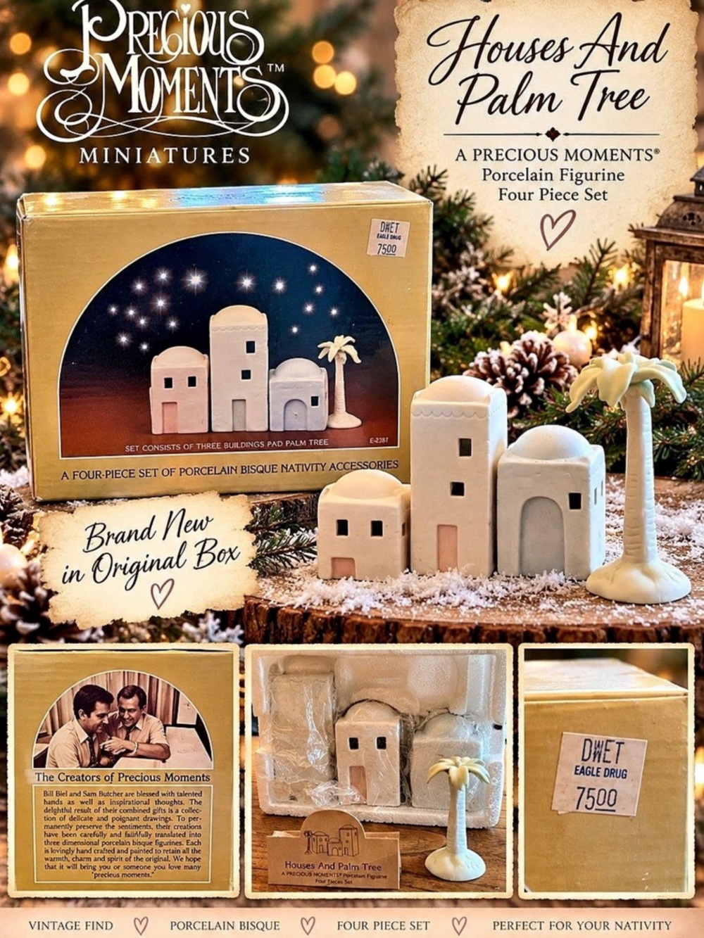 Precious Moments Houses Nativity & Palm Tree Porcelain Figurine Set NIB
